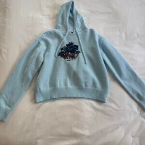 Blue shushu tong wool blended  hoodie with flower embriodery